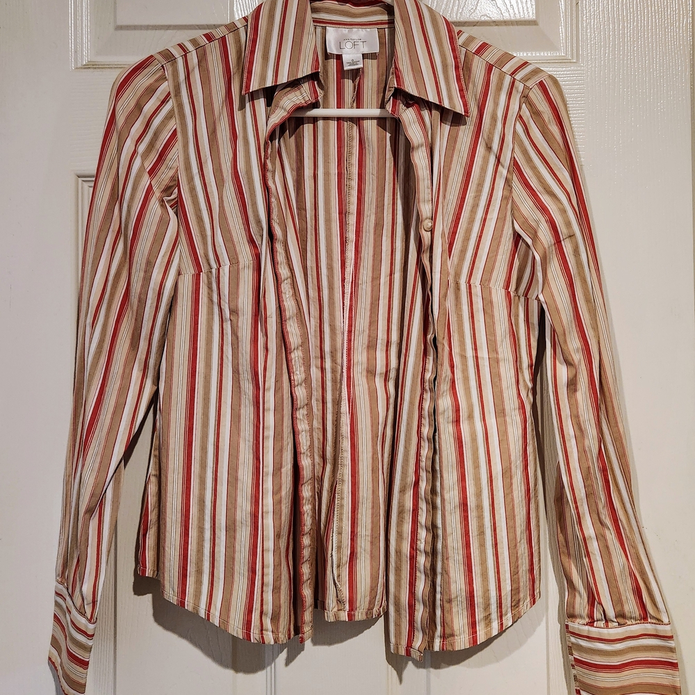 Ann Taylor LOFT Striped Button-Down Shirt- Khaki/Red